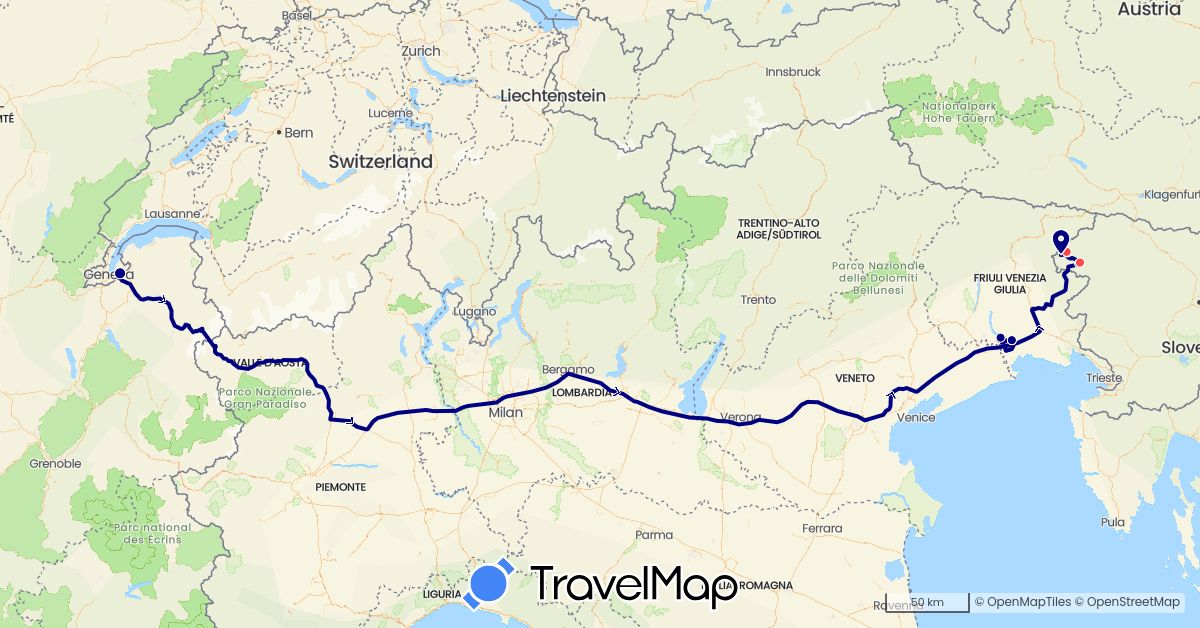 TravelMap itinerary: driving, hiking in France, Italy, Slovenia (Europe)