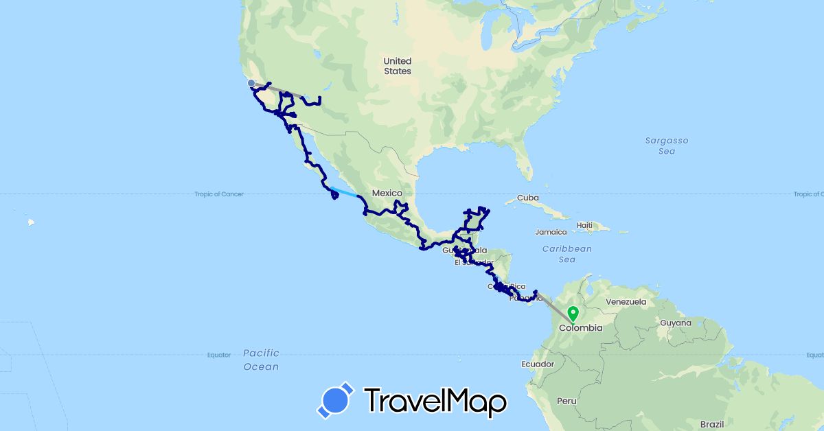 TravelMap itinerary: driving, bus, plane, cycling, hiking, boat, motorbike in Colombia, Costa Rica, Guatemala, Honduras, Mexico, Nicaragua, Panama, El Salvador, United States (North America, South America)